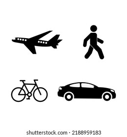 Transportation monochrome simple icon set with. Airplane, car, person walking, bicycle. Bundle vector design.