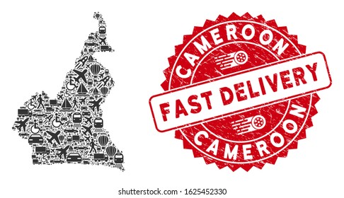 Transportation mosaic Cameroon map and corroded stamp watermark with FAST DELIVERY words. Cameroon map collage created with gray random transport items.