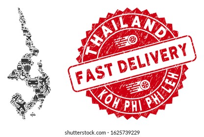 Transportation mosaic Koh Phi Leh map and grunge stamp seal with FAST DELIVERY words. Koh Phi Leh map collage created with gray random vehicle elements.