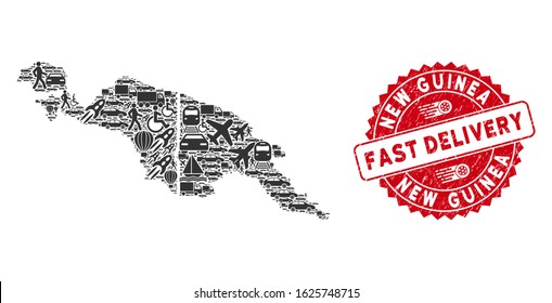 Transportation mosaic New Guinea countries map and grunge stamp seal with FAST DELIVERY phrase. New Guinea countries map collage created with gray scattered travel elements.