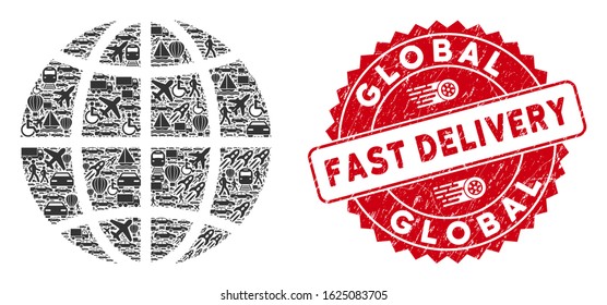 Transportation mosaic planet globe and corroded stamp seal with FAST DELIVERY message. Planet globe collage created with gray random delivery items.