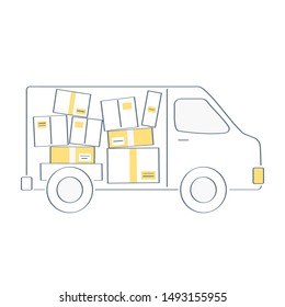 Transportation, movement or delivery service icon concept. Truck, vehicle or van with boxes inside. Flat outline vector illustration icon on white.
