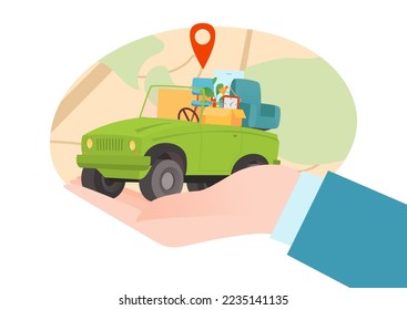 Transportation, moving service concept, vector illustration, vehicle car with boxes, interior furniture at huge hand, delivery business for moving home.