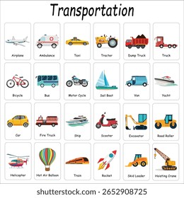 Nome do transporte flashcards coleção para crianças. grande transporte flash cards set. Cartão flash de veículos definido para escola e pré-escola. Ambulância, bombeiros, polícia e outros carros. 119º