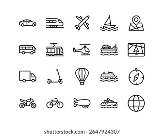 Transportation and Navigation Icon Set: 20 Vector Icons for Cars, Trains, Planes, Maps, Ships, Bicycles, and More – Perfect for Travel Design Projects