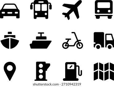 Transportation and Navigation Icon Set – Vehicles, Travel, Location, Map, Fuel, Delivery