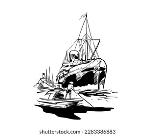 transportation of ocean ship for cargo. art print of ink transportation. object transportation for ikon element design