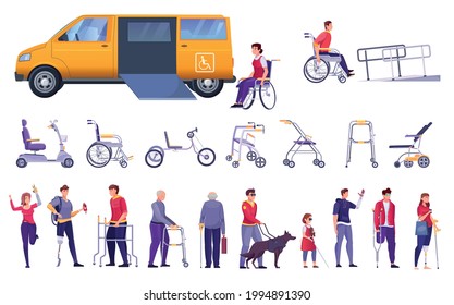 Opciones de transporte para personas con discapacidad en una ilustración vectorial plana de fondo blanco