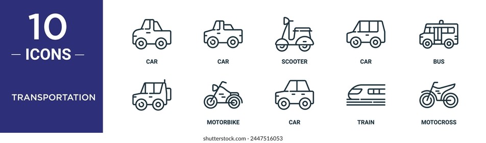 transportation outline icon set includes thin line car, car, scooter, car, bus,  , motorbike icons for report, presentation, diagram, web design