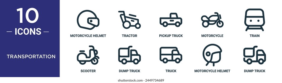 transportation outline icon set includes thin line motorcycle helmet, tractor, pickup truck, motorcycle, train, scooter, dump truck icons for report, presentation, diagram, web design