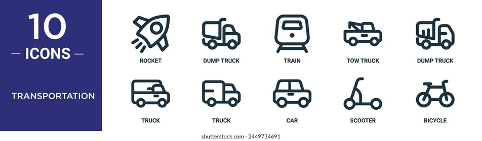 transportation outline icon set includes thin line rocket, dump truck, train, tow truck, dump truck, icons for report, presentation, diagram, web design