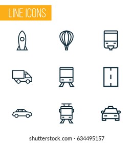 Transportation Outline Icons Set. Collection Of Camion, Streetcar, Road And Other Elements. Also Includes Symbols Such As Space, Motor, Missile.