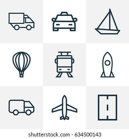 Transportation Outline Icons Set. Collection Of Streetcar, Camion, Taxi And Other Elements. Also Includes Symbols Such As Monorail, Aircraft, Road.