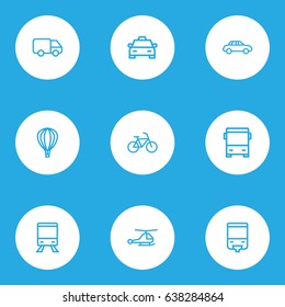 Transportation Outline Icons Set. Collection Of Bogie, Tram, Taxi And Other Elements. Also Includes Symbols Such As Omnibus, Chopper, Aerostat.