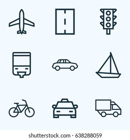 Transportation Outline Icons Set. Collection Of Sailing Ship, Camion, Road And Other Elements. Also Includes Symbols Such As Taxi, Way, Carrier.