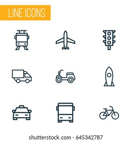 Transportation Outline Icons Set. Collection Of Aircraft, Camion, Moped And Other Elements. Also Includes Symbols Such As Truck, Omnibus, Cycle.