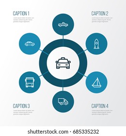 Transportation Outline Icons Set. Collection Of Rocket, Sailing Ship, Camion And Other Elements. Also Includes Symbols Such As Omnibus, car, Pickup.