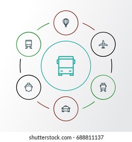 Transportation Outline Icons Set. Collection Of Taxi, Cargo, Balloon And Other Elements. Also Includes Symbols Such As Monorail, Train, Bus.