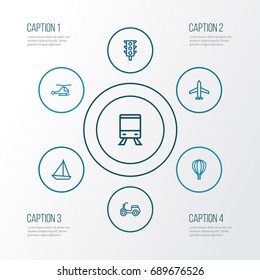 Transportation Outline Icons Set. Collection Of Helicopter, Aircraft, Train And Other Elements. Also Includes Symbols Such As Scooter, Sailboat, Bicycle.