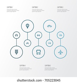 Transportation Outline Icons Set. Collection Of Bogie, Camion, Bus And Other Elements. Also Includes Symbols Such As Cycle, Aerostat, Balloon.