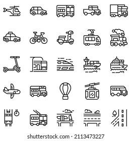 Transportation outline or line vector icon set. A collection such as steam locomotive, sky train, taxi, high-speed rail, and cargo. Editable stroke 64x64 pixels.