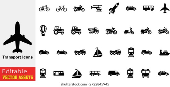 Transportation Page Filled Vector Icons Vehicles and Transportation Modes Collection Isolated on Transparent Background

This extensive collection features a professional array of vector icons representing a wide variety of vehicles and transportation modes. The set includes meticulously designed icons for air travel land transport and maritime navigation such as airplanes helicopters rockets cars buses tractors motorcycles and ships. Each icon is crafted with a consistent filled style ensuring a clean and modern look that is easy to recognize at any size. These versatile graphics are perfect for logistics company branding travel apps educational materials and infrastructure infographics. Meticulously isolated on a transparent background these vector assets allow for seamless integration into any design layout providing high quality results for both digital and print media projects.

Key Features include
Comprehensive Variety Includes a vast range of transportation modes from bicycles and scooters to heavy machinery like dump trucks and tankers.

Modern Filled Aesthetic Each icon features a solid design that provides high visibility and a professional look for modern user interfaces.

Global Travel Symbols Features iconic representations of public transport personal vehicles and specialized machinery for diverse industry applications.

High Quality Editable Vector Provided as fully scalable and editable files allowing for effortless customization of colors and sizes without any loss of detail.