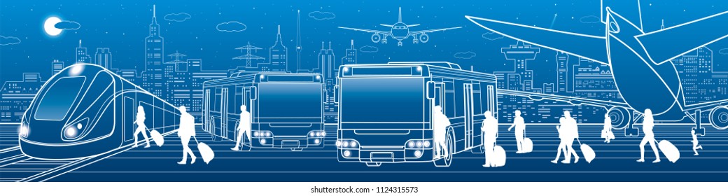 Transportation panorama. Passengers enter and exit to bus. People get on  train. Aviation travel  infrastructure. Plane is on the runway. Night city on background, vector design art