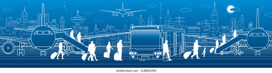 Panorama del transporte. Los pasajeros entran y salen al autobús. Infraestructura de transporte para viajes al aeropuerto. El avión está en la pista. Ciudad nocturna sobre fondo, arte de diseño vectorial