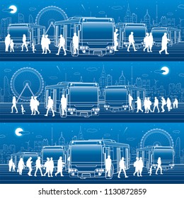Transportation panoramic set. Passengers enter and exit to the bus. People at the station. Town transport infrastructure. Night city at background, vector design art