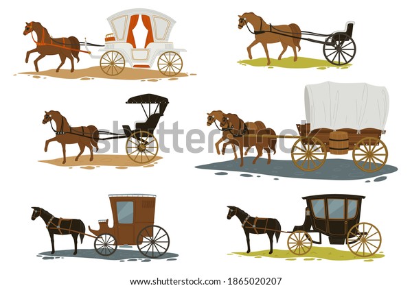 Transportation\
in past times, isolated horses pulling carriages with passengers.\
Romantic old city vacation. Chariots with vintage and retro looks.\
Fairytale or history. Vector in flat\
style