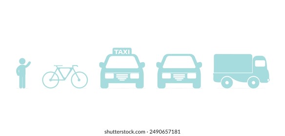 Transportation from pedestrian to truck. Set of transport type, blue line vector icons