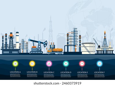 Las industrias de transporte y procesamiento de petróleo de plataformas petrolíferas con extracción de crudo en alta mar, planta de refinería, barco tanquero de combustible y más. Ilustración vectorial eps10