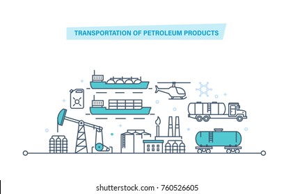 Transport von Erdölprodukten. Produktion und Transport von Produkten durch Tankschiffe, Schiffe, Eisenbahnen in Tanks. Benzin, Lagerung, Bohranlage. Illustration dünner Linie Design der Vektordoodles.