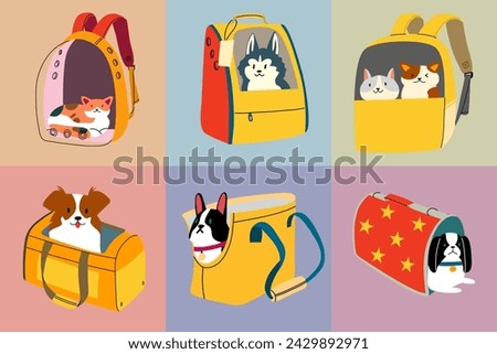 Transportation of pets. Transportation of animals. Cats and dogs are sitting in bags.