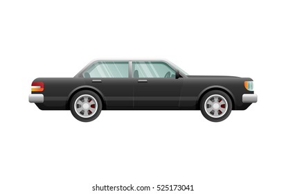 Transportation. Picture of isolated classical black car with four doors. Fast four-wheeled mean of transportation in simple cartoon design. Front and back headlights. Four silver discus. Vector