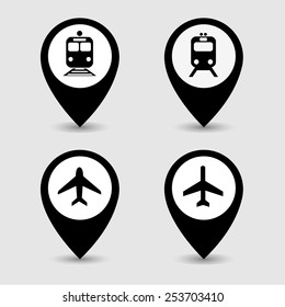 Transportation pin pointer icons set great for any use. Vector EPS10.