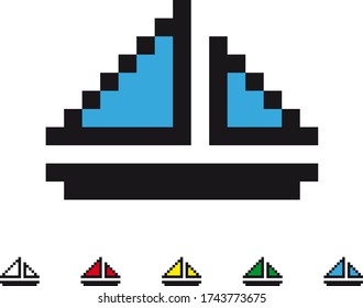 Transportation pixel art icons mini set. 
Sailing ships with colored sails, icons. 8 bit game asset. Vector.