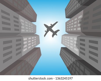Transportation plane flying over highrise office buildings in the blue sky,Vector illustration