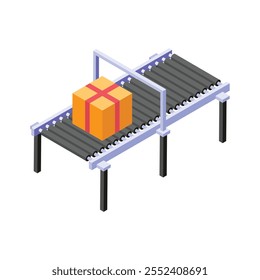 Transporte de produtos através da correia de fabricação, ícone isométrico