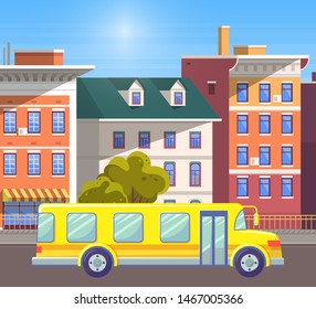 Transportation of pupils to school and from it vector, yellow bus on road of old city. Cityscape with sunshine of walls of buildings, apartments and houses. Flat cartoon