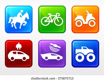 Transportation and Recreational Pursuit on Color Square Buttons