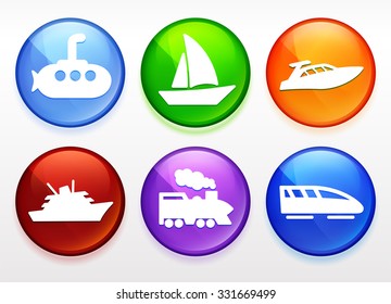 Transportation and Recreational Vehicles on Colorful Round Buttons