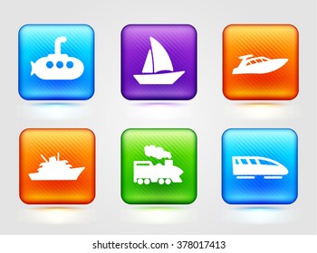 Transportation and Recreational Vehicles on Colorful Square Buttons