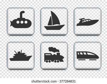 Transportation and Recreational Vehicles on Transparent Square Buttons