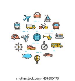 Transportation Round Design Template Thin Line Icon Set Isolated on White Background. Vector illustration