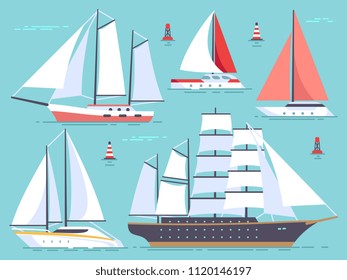 Transportation sailboats, yacht, sailing cruise ship. Sea and ocean vessel isolated vector set. Illustration collection of boat and yacht, vessel transport