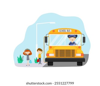 Transportation. Schoolchildren. Yellow school bus with driver arrived to bus stop. Childrens entering schoolbus. Vector illustration isolated on white background