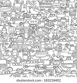 Transportation seamless pattern in black and white (repeated) with mini doodle drawings (icons). Illustration is in eps8 vector mode.