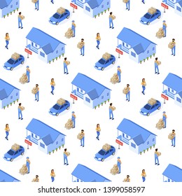 Transportation Seamless Pattern Car Vector Illustration. Near House Sign with Inscription Sold. Men Uniform do Work Porters. Packing and Unpacking Service Staff. Movers Work Near House Professionally.