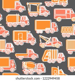 Transportation seamless pattern with different types of trucks in line style